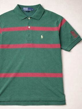 Polo Ralph Lauren TPC Sawgrass Polo Shirt Mens M Green Red Burgand Stripe Preppy